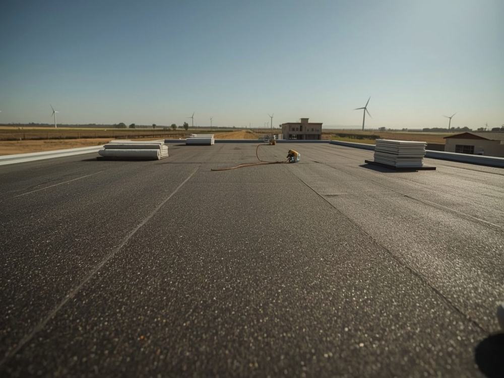 Roofing membrane, insulation boards and equipment staged on a commercial roof in Rio Vista, California