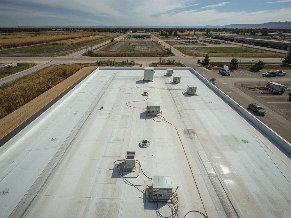 Completed flat roof membrane and perimeter edge metal on a commercial building in Suisun City, California