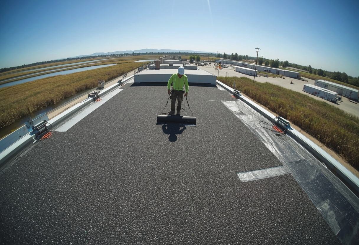 Roofer rolling out a modified bitumen cap sheet in Suisun City, California