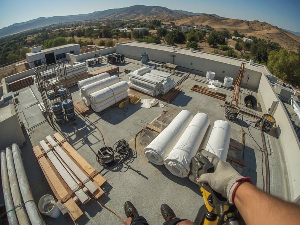 Roofing membrane, insulation boards and equipment staged on a commercial roof in Vacaville, California