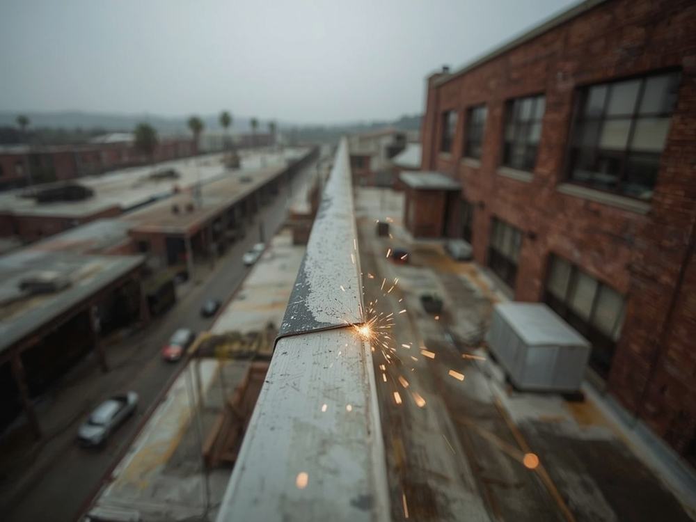 Close-up of a welded membrane seam and flashing detail on a commercial roof in Vallejo, California