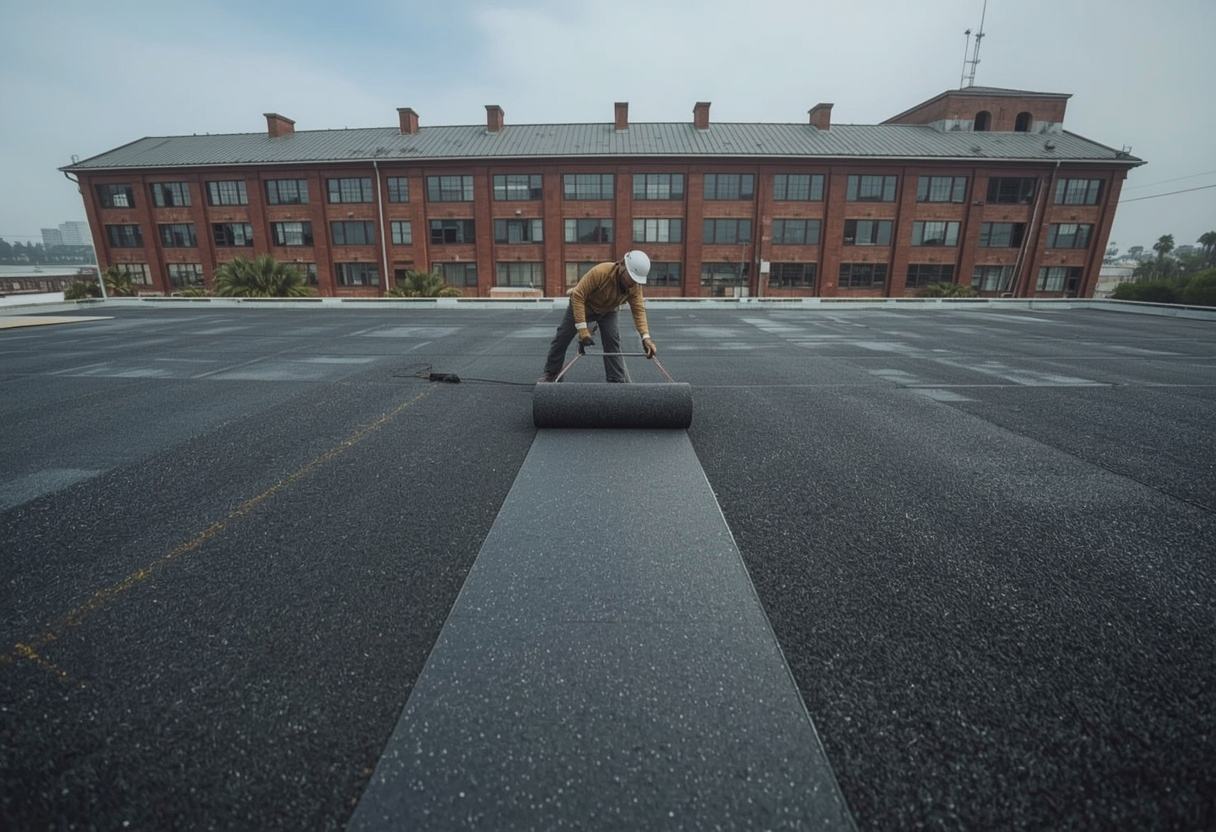 Roofer rolling out a modified bitumen cap sheet in Vallejo, California