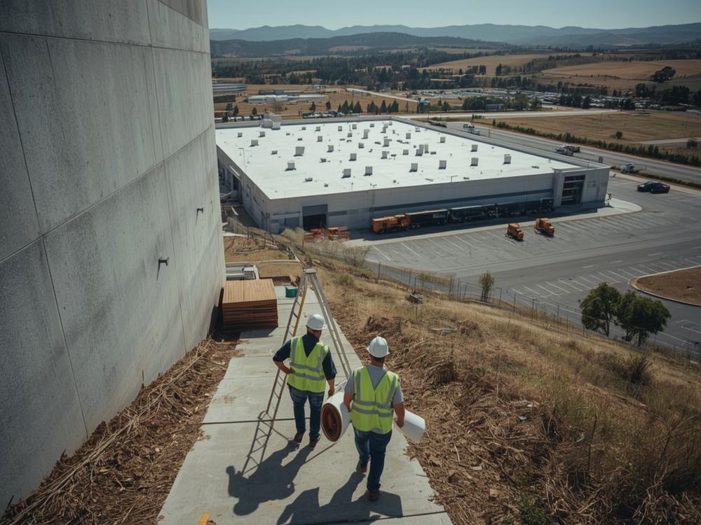 Roofers carrying a membrane roll and ladder to a commercial building in American Canyon, California