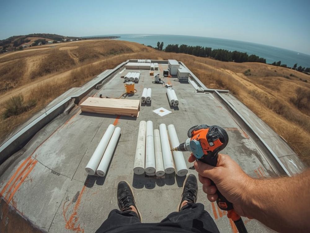 Roofing membrane, insulation boards and equipment staged on a commercial roof in Benicia, California