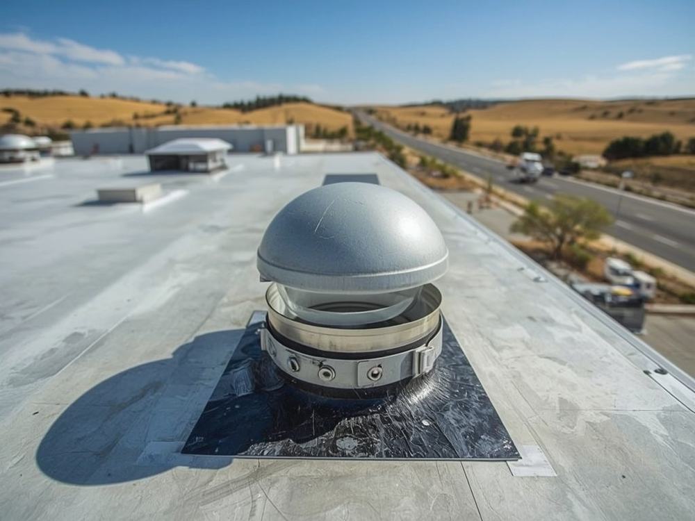PVC membrane flashing welded around commercial kitchen exhaust ductwork