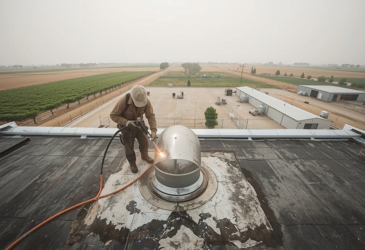 Roofer welding PVC flashing around kitchen exhaust ductwork in Dixon, California