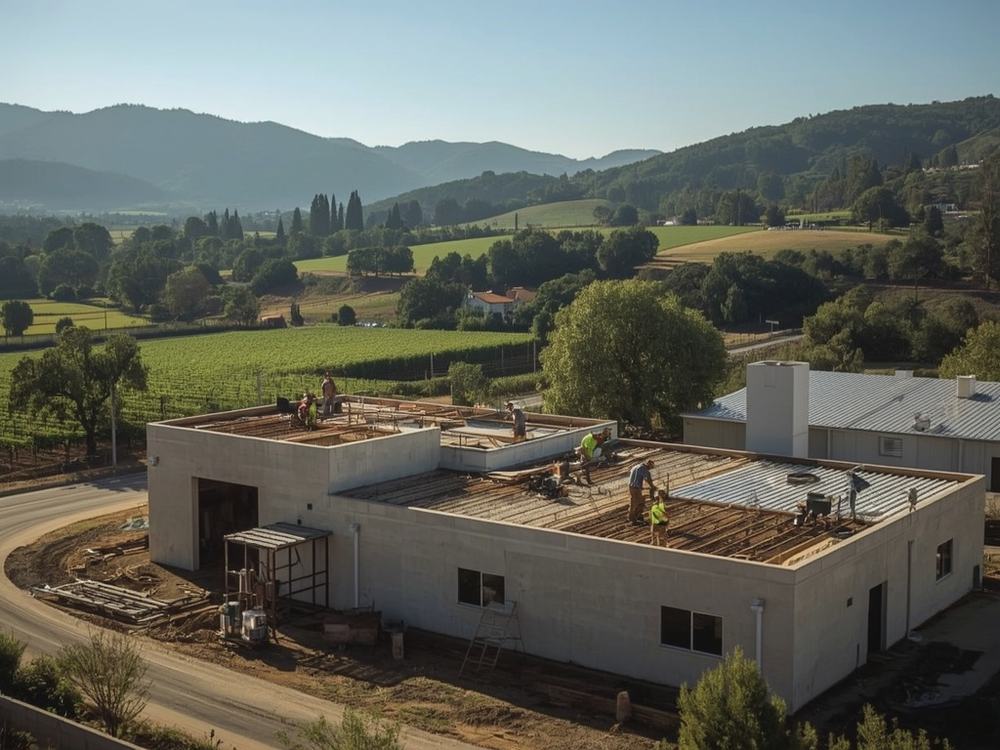 Roofing crew working on the low-slope roof of a small commercial building in Napa, California