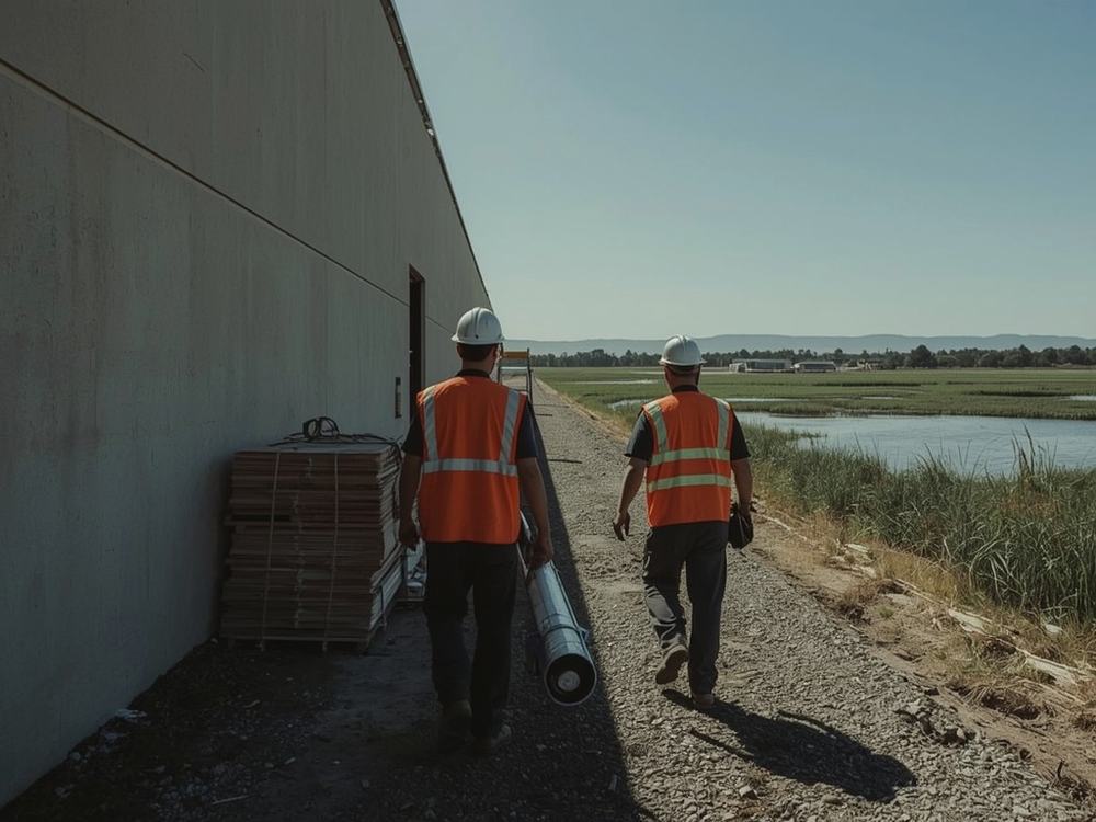 Roofers carrying a membrane roll and ladder to a commercial building in Suisun City, California