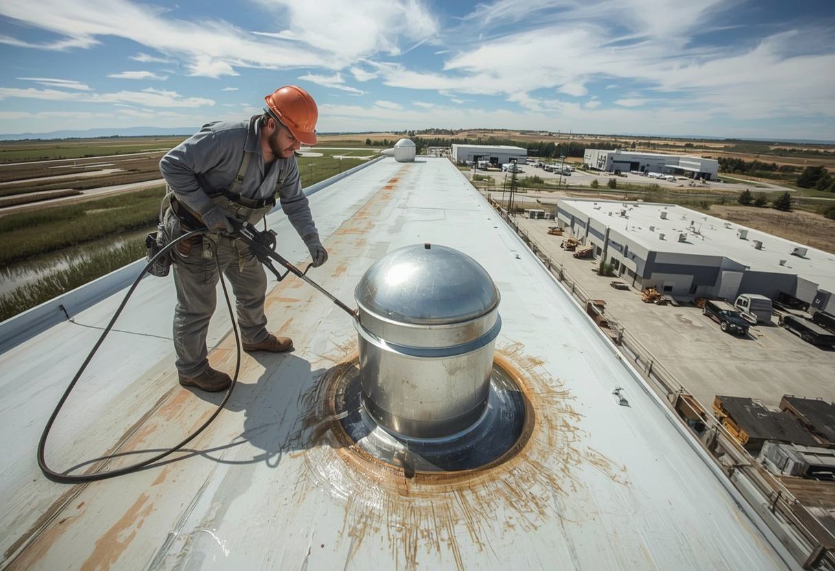 Roofer welding PVC flashing around kitchen exhaust ductwork in Suisun City, California
