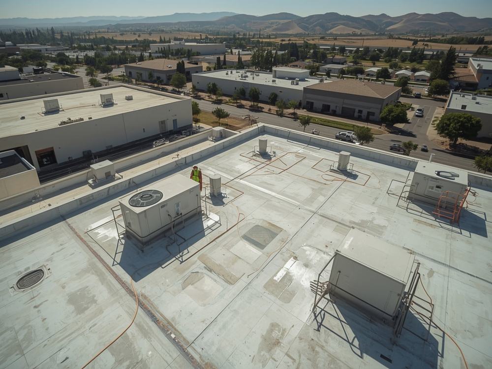 Finished commercial roof with HVAC curbs and drains in Vacaville, California