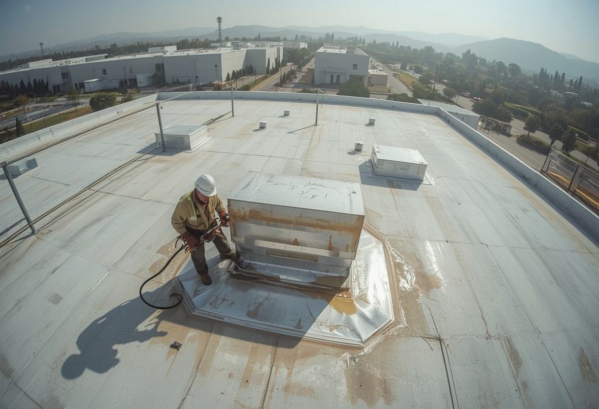 Roofer welding PVC flashing around kitchen exhaust ductwork in Vacaville, California