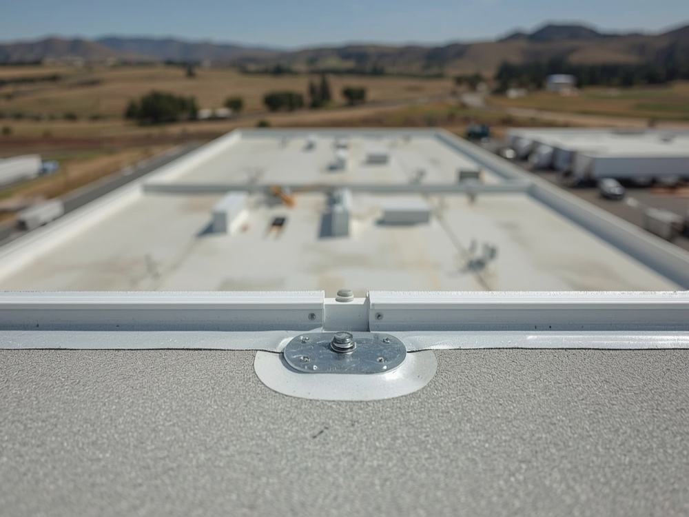 Close-up of a welded membrane seam and flashing detail on a commercial roof in American Canyon, California