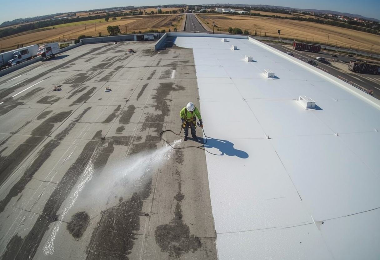 Worker spraying white silicone roof coating in American Canyon, California