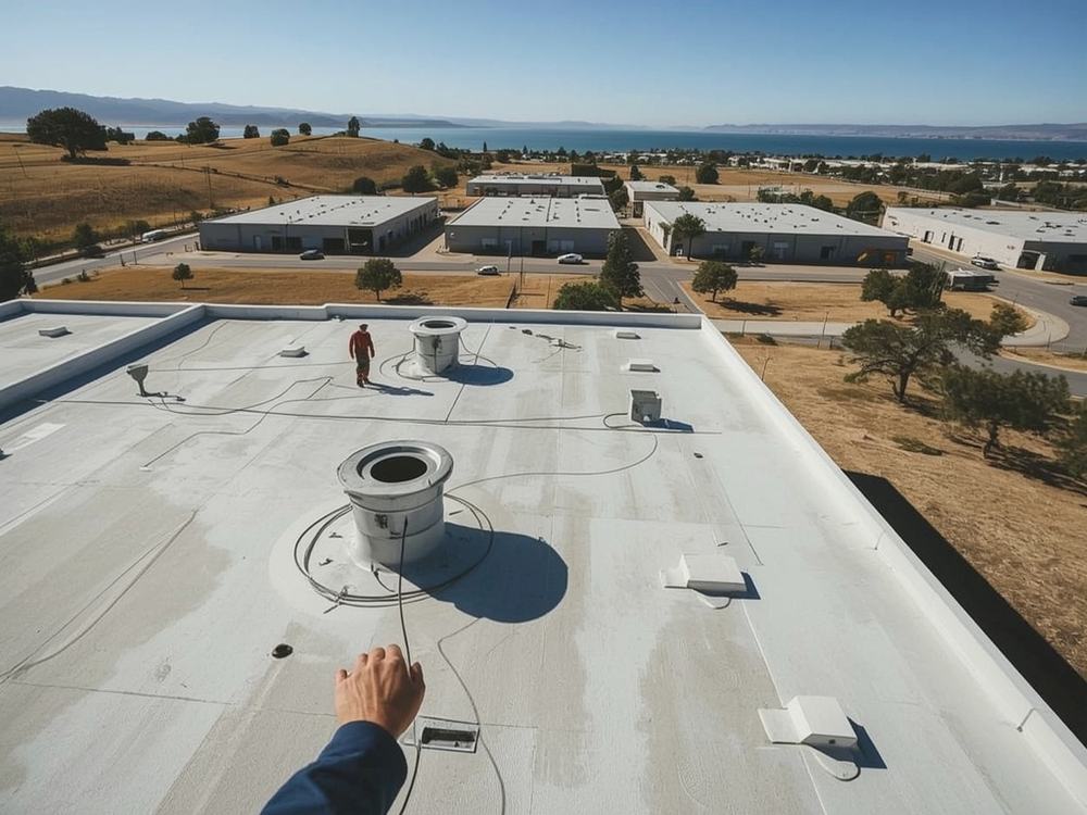Finished commercial roof with HVAC curbs and drains in Benicia, California