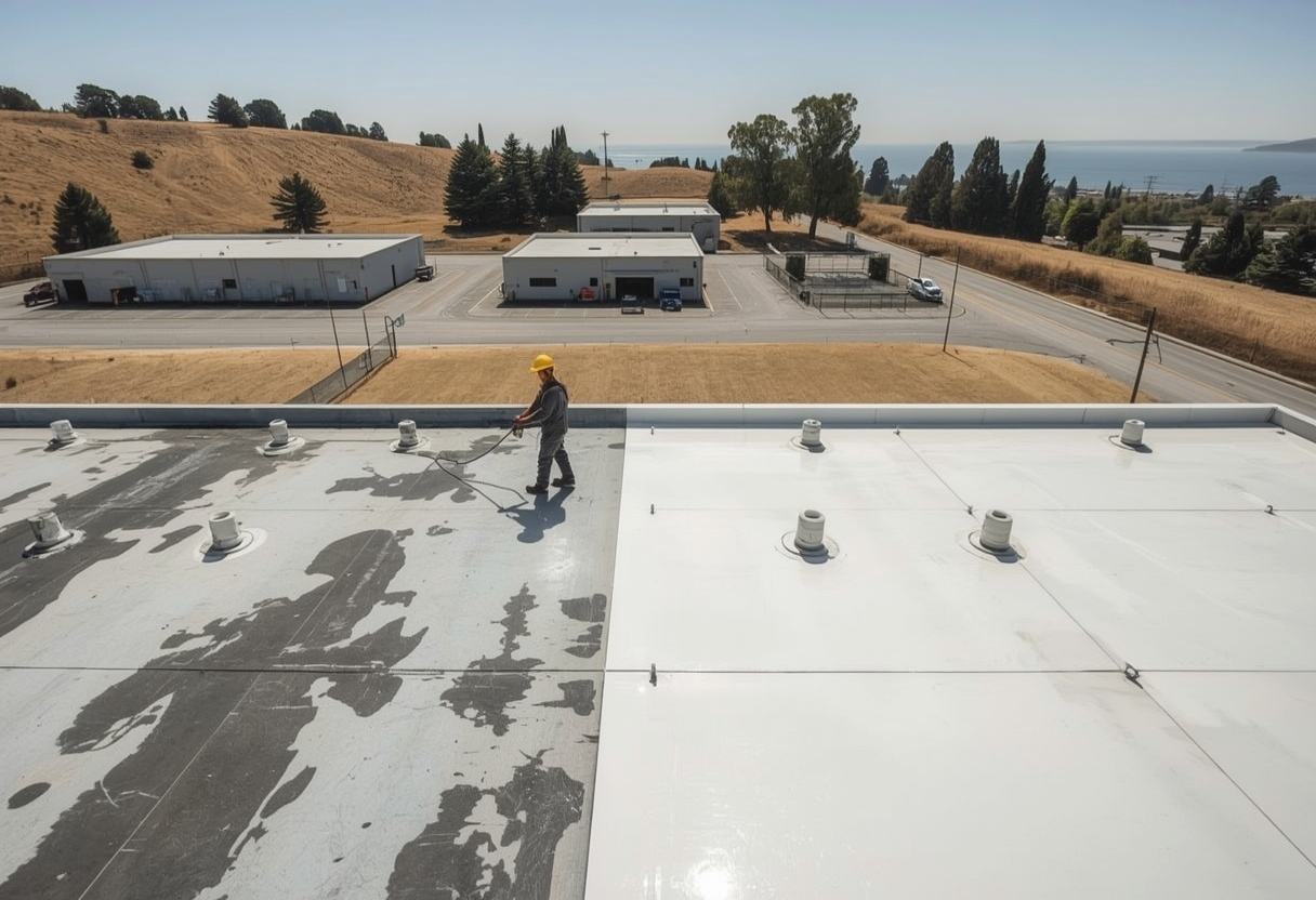 Worker spraying white silicone roof coating in Benicia, California