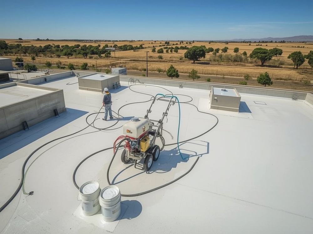 Silicone coating spray equipment on a partly recoated flat roof