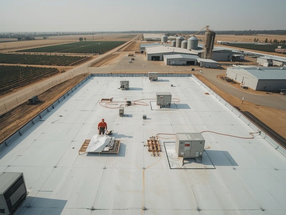 Completed flat roof membrane and perimeter edge metal on a commercial building in Dixon, California