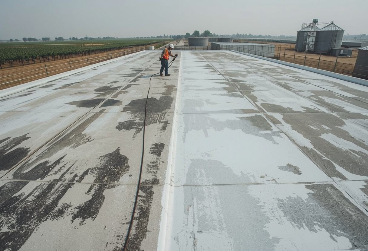 Worker spraying white silicone roof coating in Dixon, California