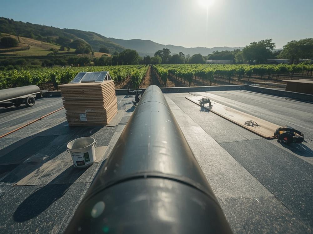 Roofing membrane, insulation boards and equipment staged on a commercial roof in Napa, California