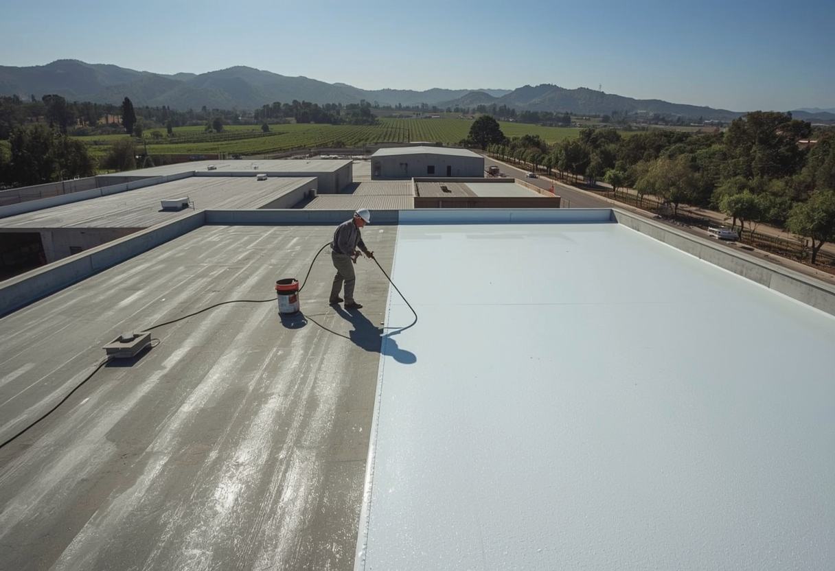 Worker spraying white silicone roof coating in Napa, California