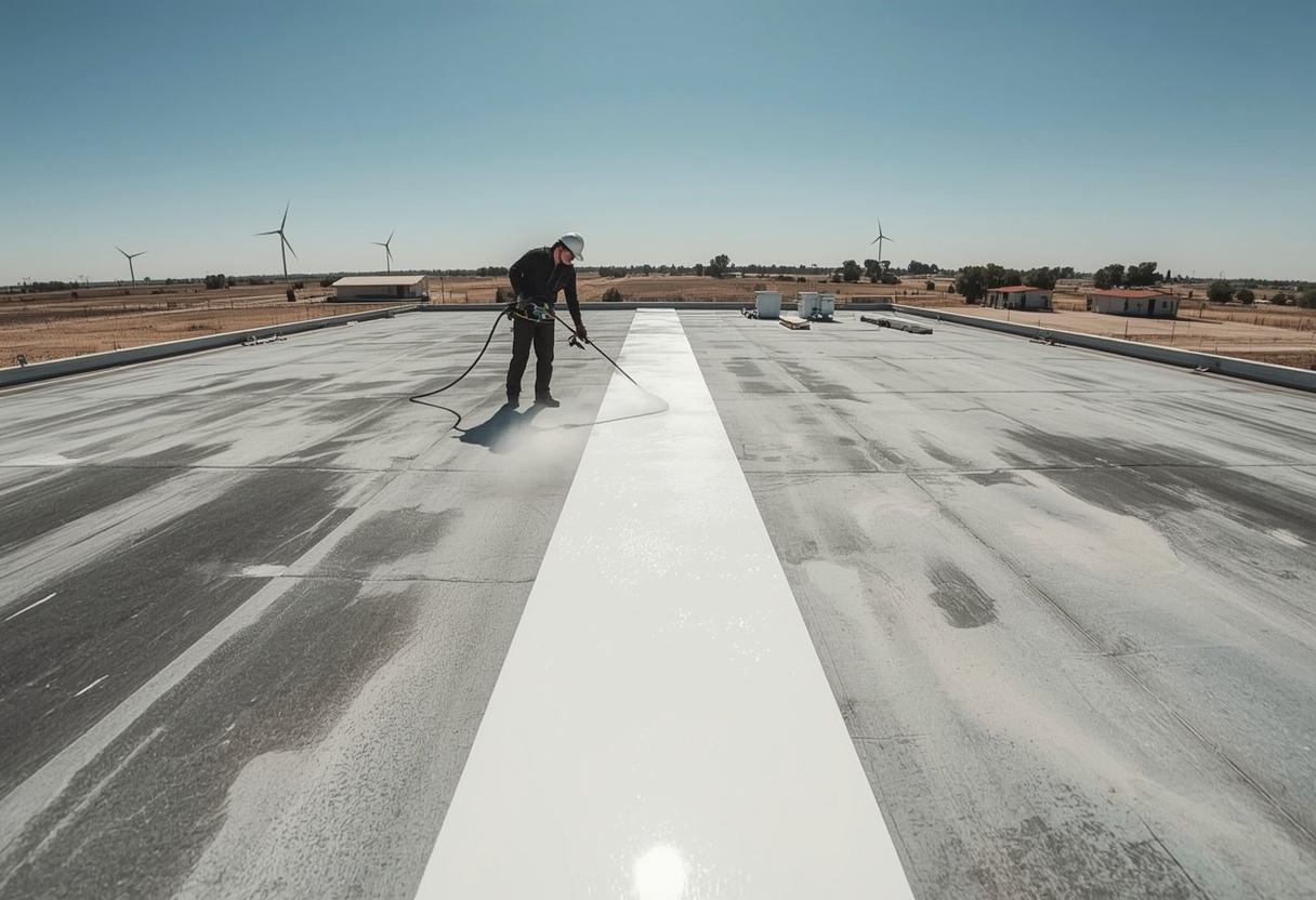 Worker spraying white silicone roof coating in Rio Vista, California
