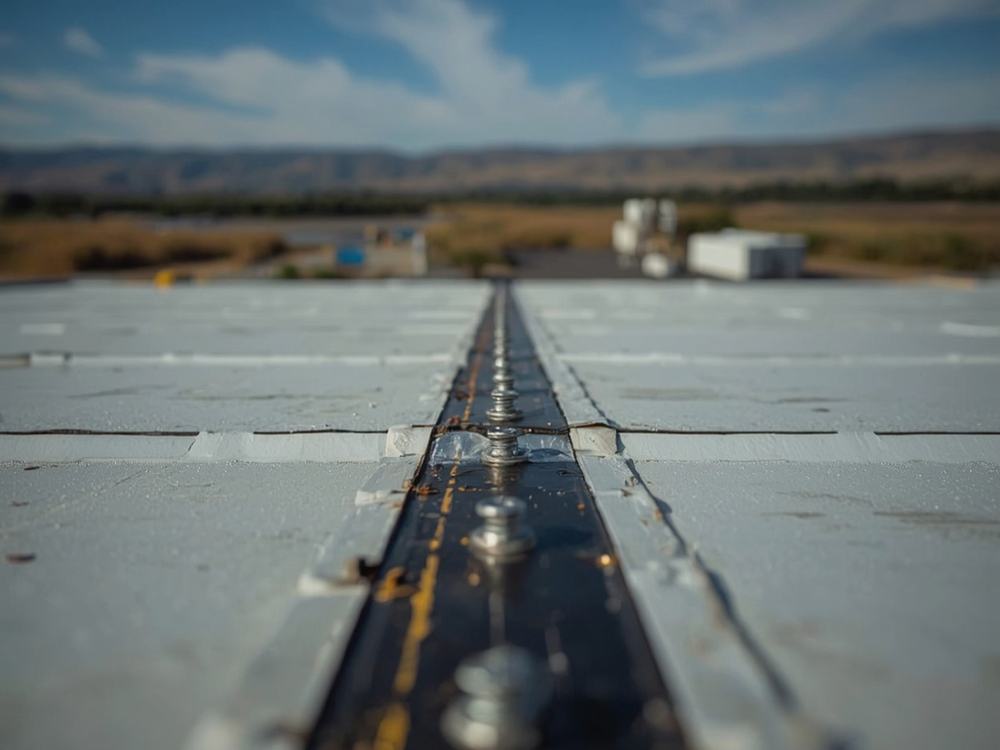 Close-up of a welded membrane seam and flashing detail on a commercial roof in Suisun City, California