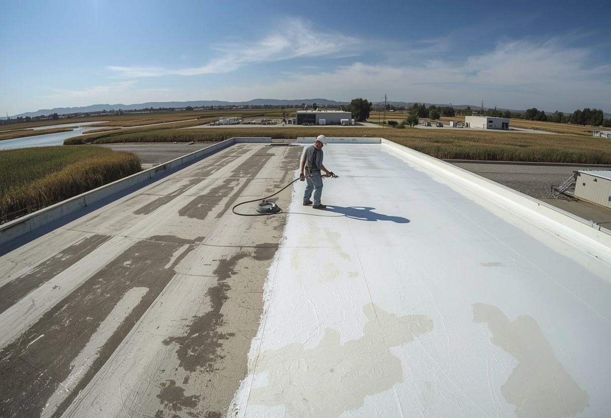 Worker spraying white silicone roof coating in Suisun City, California