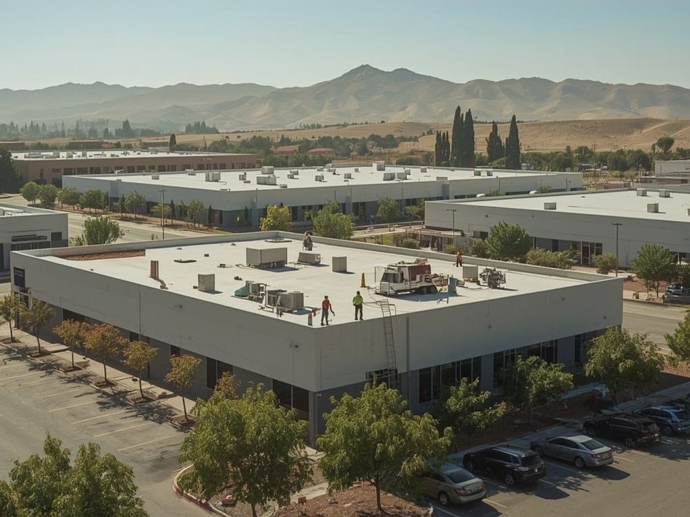 Roofing crew working on the low-slope roof of a small commercial building in Vacaville, California