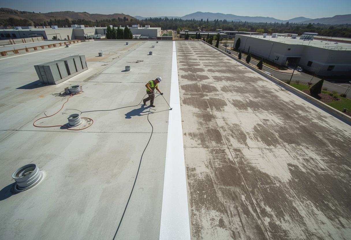 Worker spraying white silicone roof coating in Vacaville, California