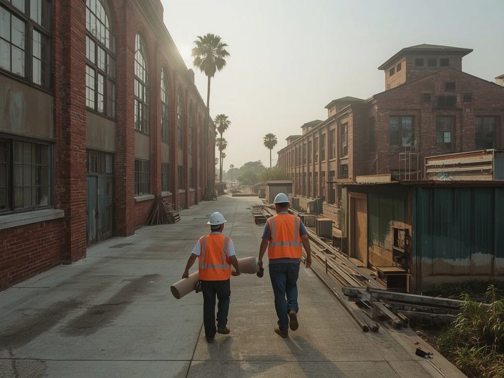Roofers carrying a membrane roll and ladder to a commercial building in Vallejo, California