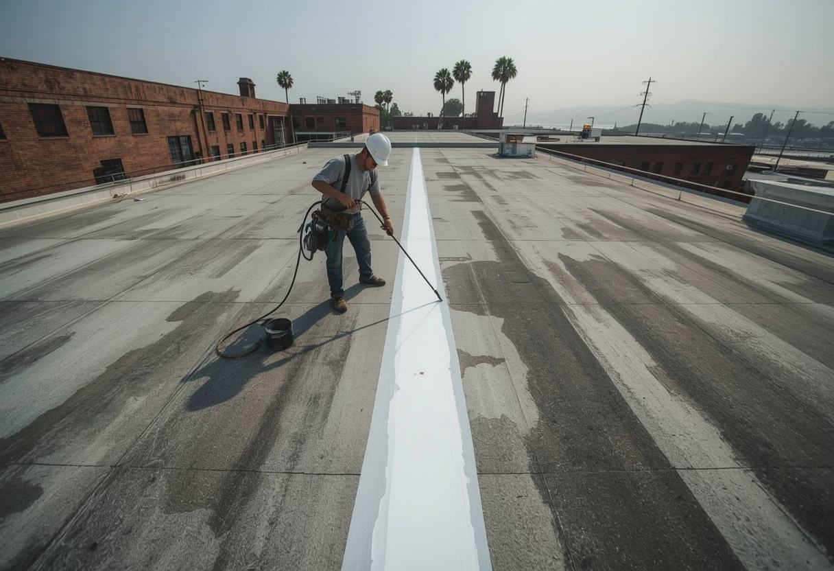 Worker spraying white silicone roof coating in Vallejo, California
