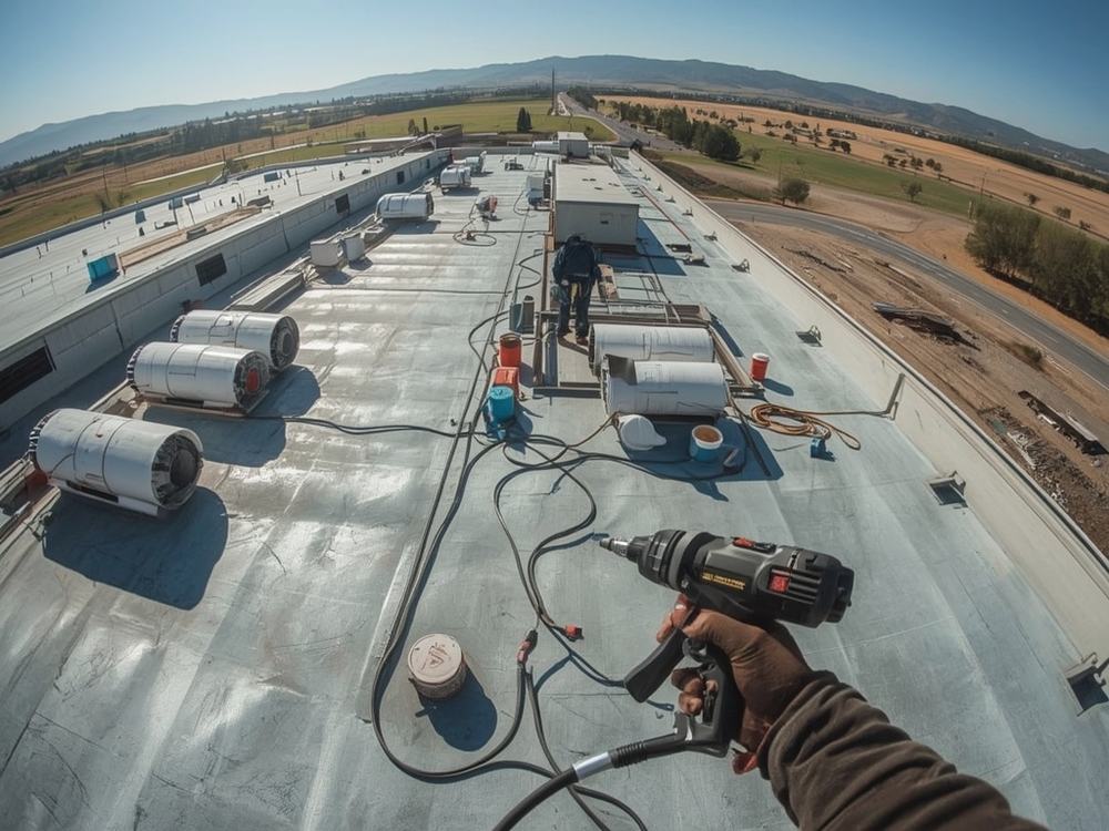 Roofing membrane, insulation boards and equipment staged on a commercial roof in American Canyon, California