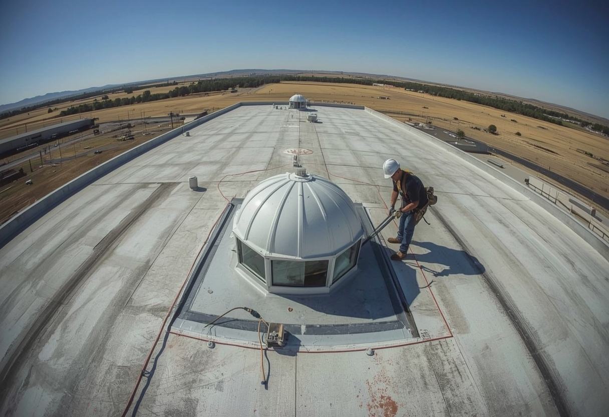 Roofer sealing membrane flashing around a skylight curb in American Canyon, California