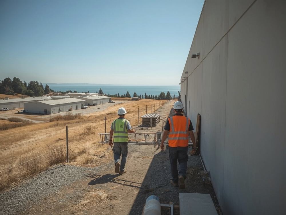 Roofers carrying a membrane roll and ladder to a commercial building in Benicia, California