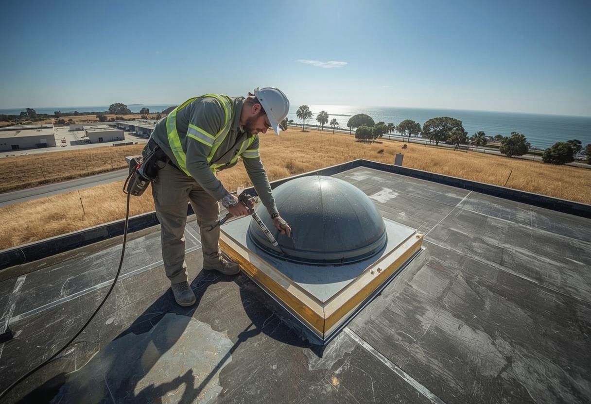 Roofer sealing membrane flashing around a skylight curb in Benicia, California