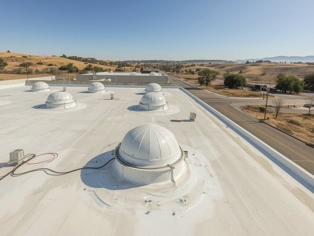 Domed skylights with newly installed membrane flashing at each curb