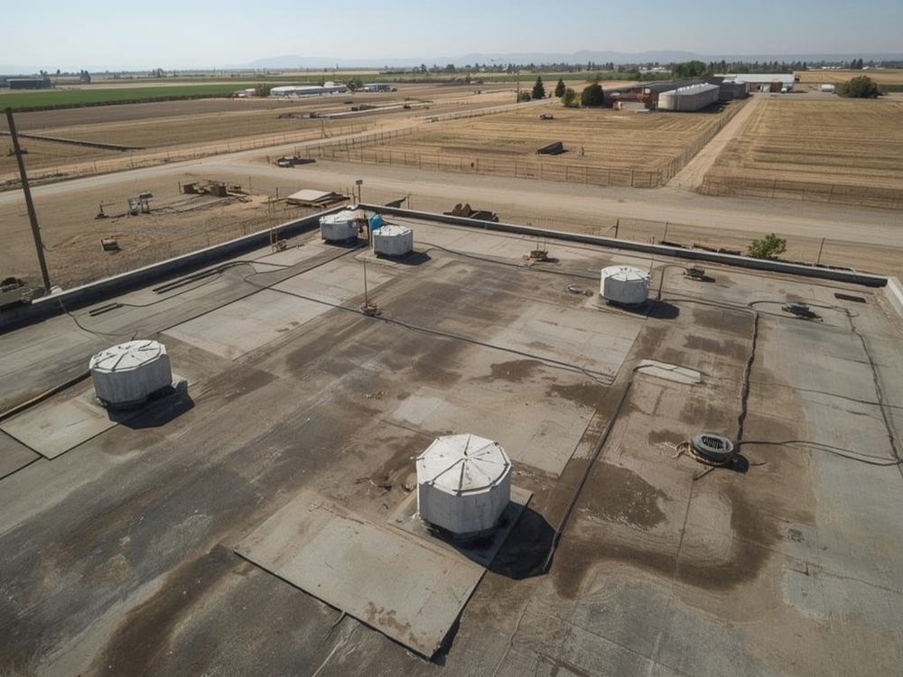 Finished commercial roof with HVAC curbs and drains in Dixon, California