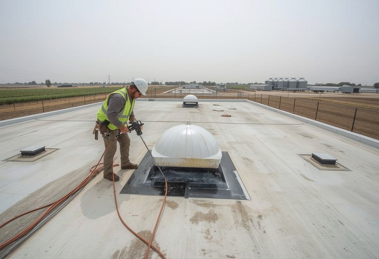 Roofer sealing membrane flashing around a skylight curb in Dixon, California