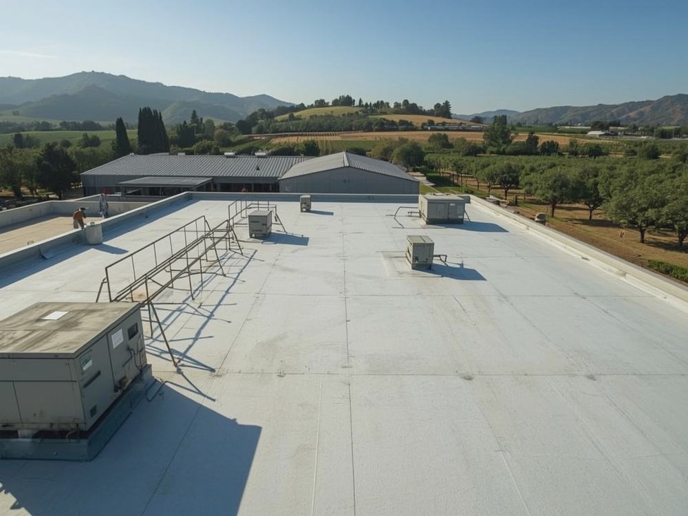 Completed flat roof membrane and perimeter edge metal on a commercial building in Napa, California