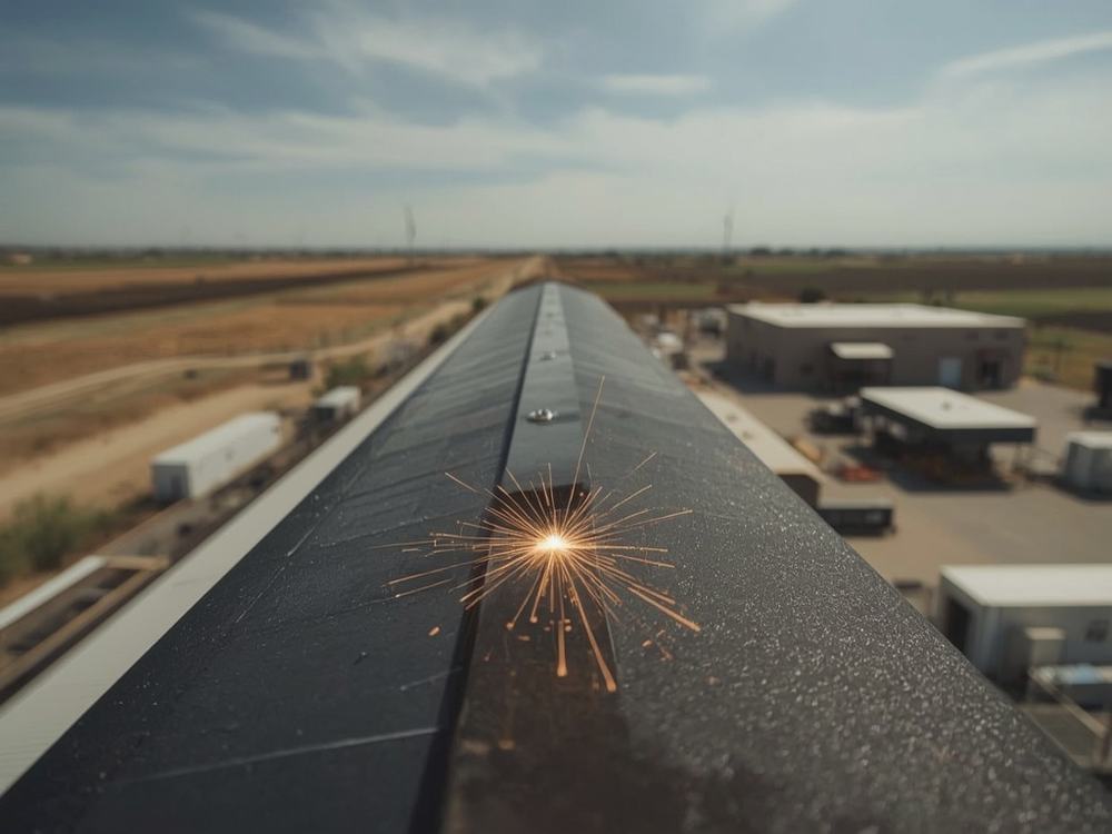 Close-up of a welded membrane seam and flashing detail on a commercial roof in Rio Vista, California