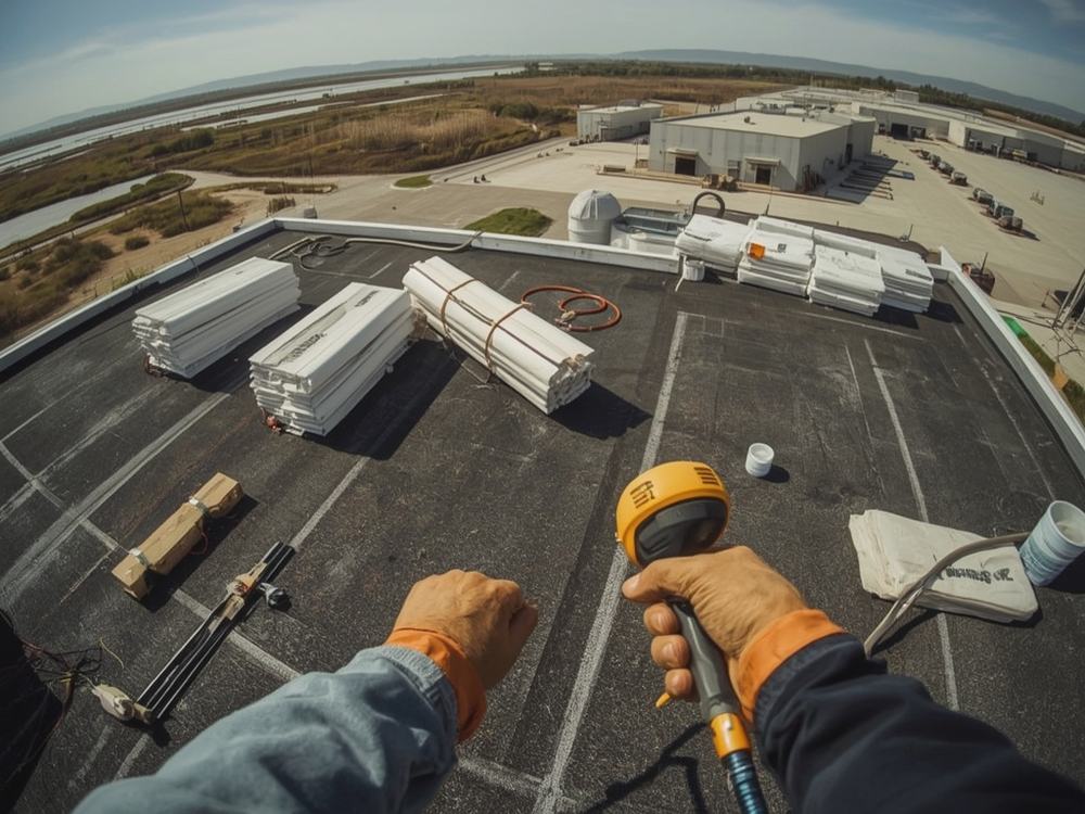 Roofing membrane, insulation boards and equipment staged on a commercial roof in Suisun City, California