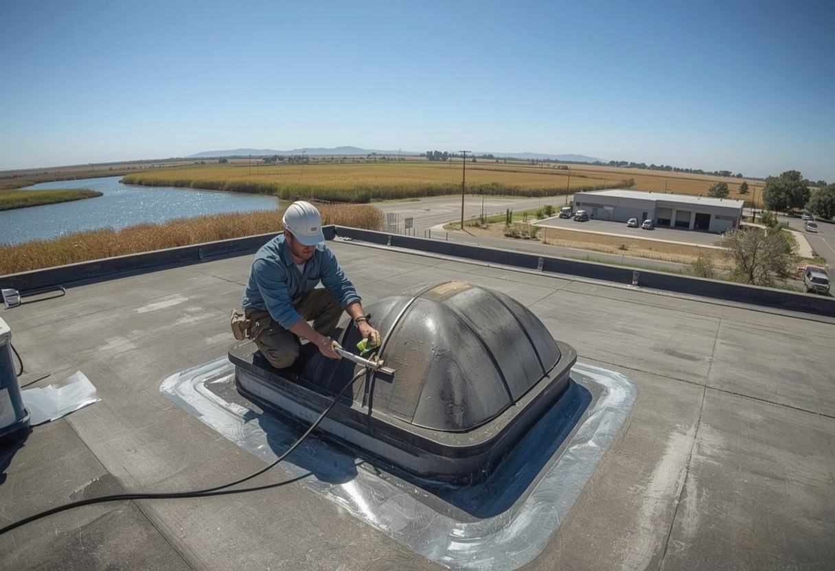 Roofer sealing membrane flashing around a skylight curb in Suisun City, California