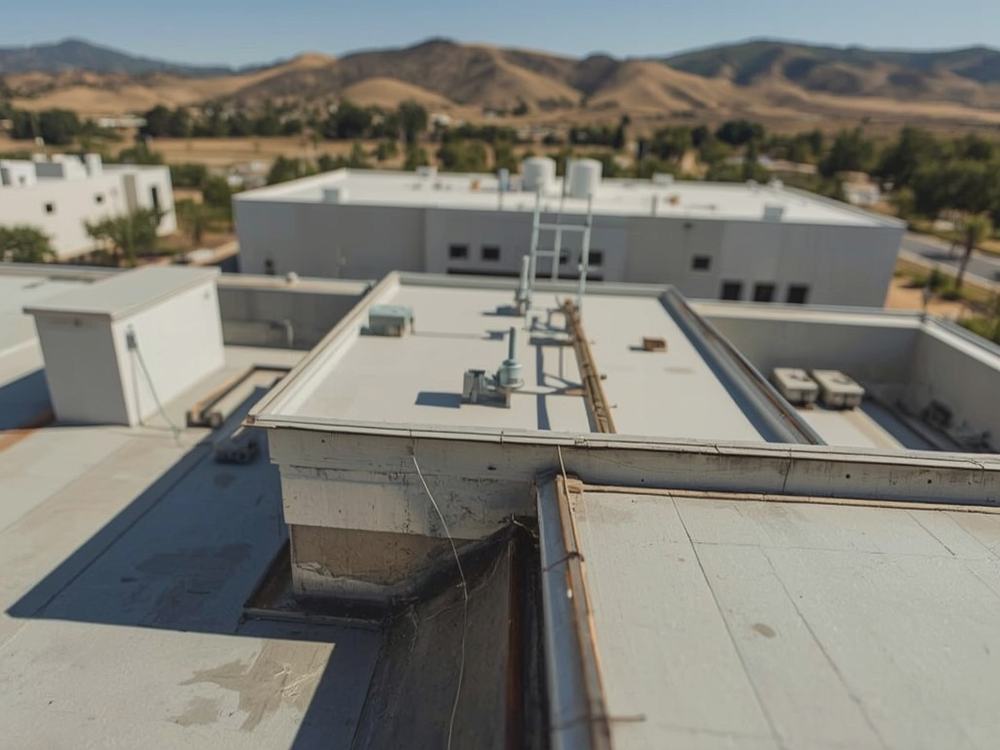 Close-up of a welded membrane seam and flashing detail on a commercial roof in Vacaville, California
