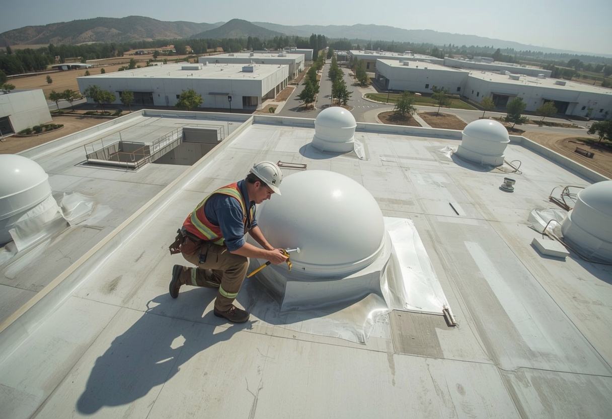 Roofer sealing membrane flashing around a skylight curb in Vacaville, California