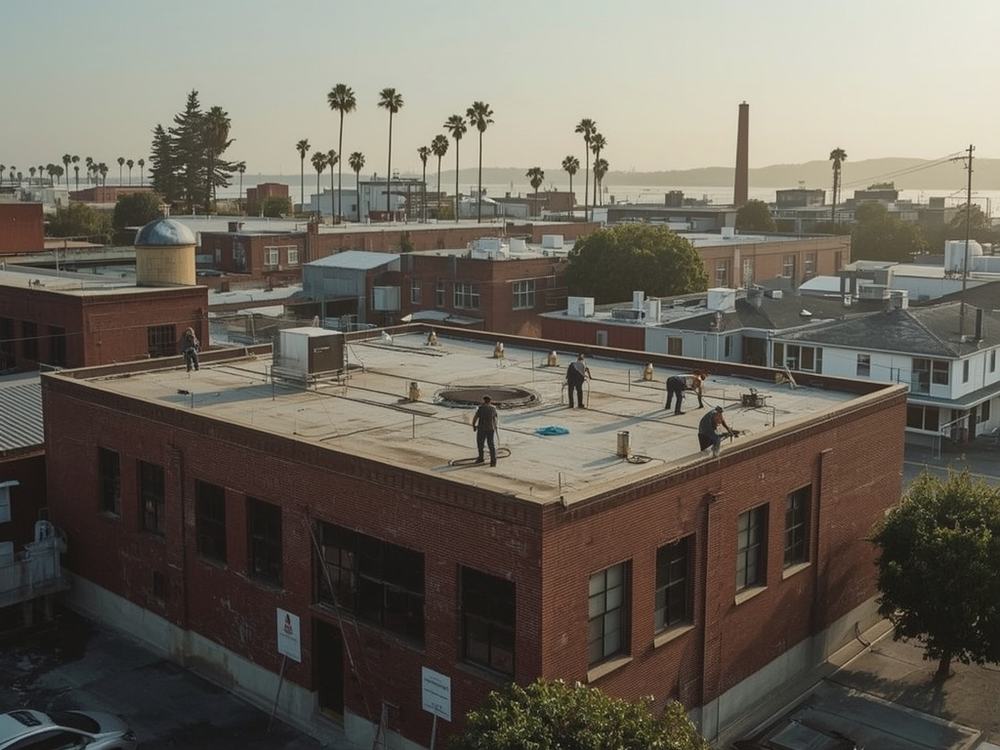 Roofing crew working on the low-slope roof of a small commercial building in Vallejo, California
