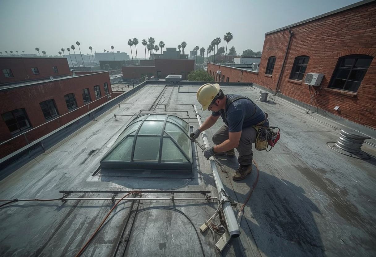 Roofer sealing membrane flashing around a skylight curb in Vallejo, California