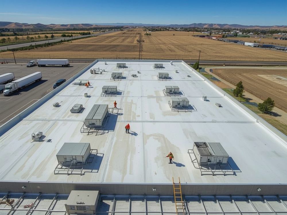 Completed flat roof membrane and perimeter edge metal on a commercial building in American Canyon, California