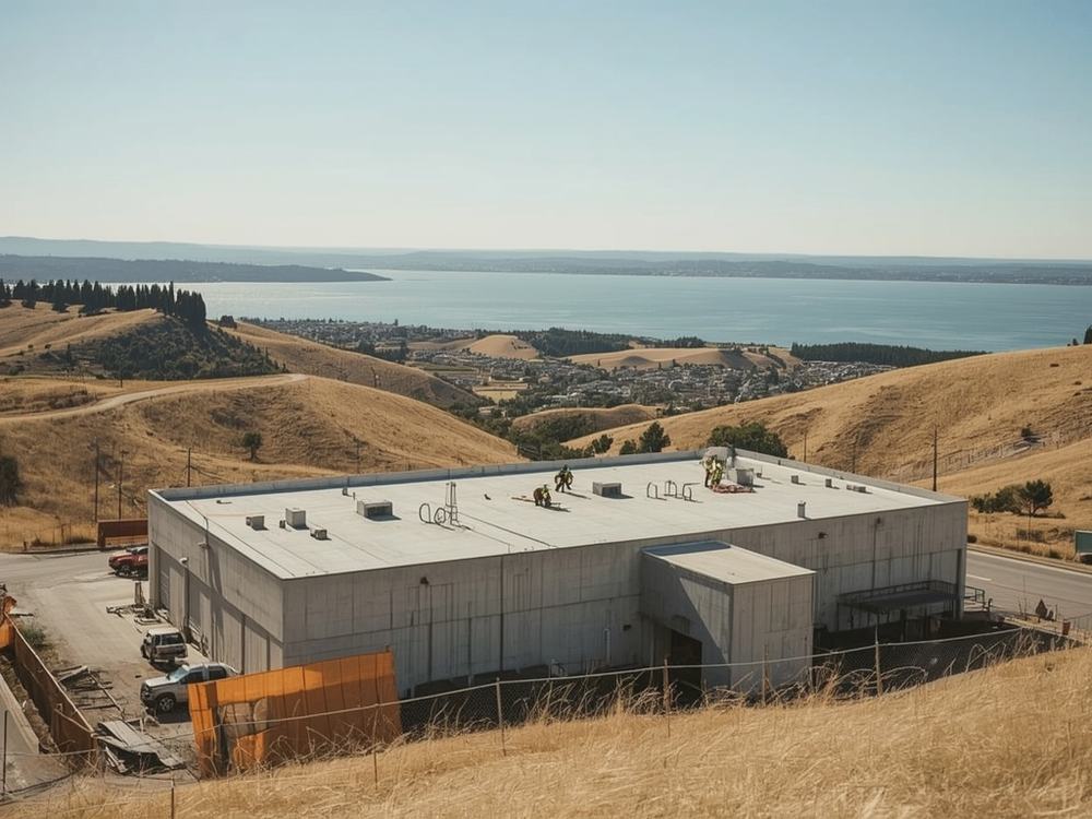 Roofing crew working on the low-slope roof of a small commercial building in Benicia, California