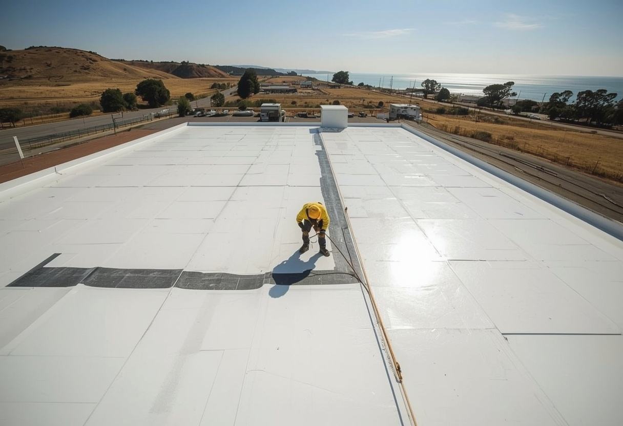 Reflective Title 24 cool roof membrane being finished in Benicia, California