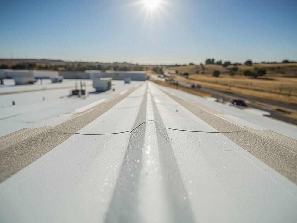 Reflective white cool roof membrane meeting a darker aged roof section